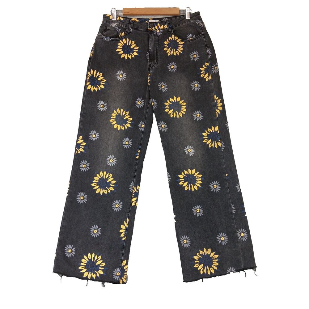 Easel Women Sz L Black Medium Washed Sunflower Wide Leg Jeans Pants Raw Hem